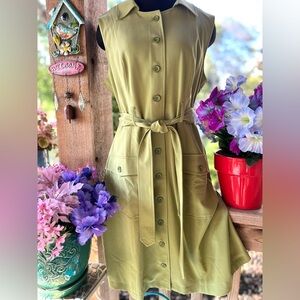 Mod Cloth Pale Lime Sleeveless Pocket Design Belted Sash Button Front Dress